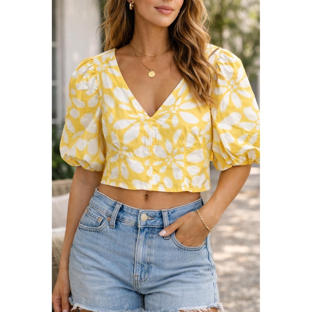 Banana Republic Floral Puff Sleeve Top Yellow White Size 8 V-Neck Crop Blouse